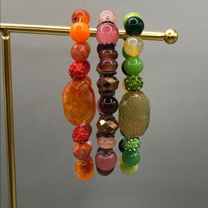 Bundle 3 stone gemstone crystals colorful beads bracelet boho roll on stackable.